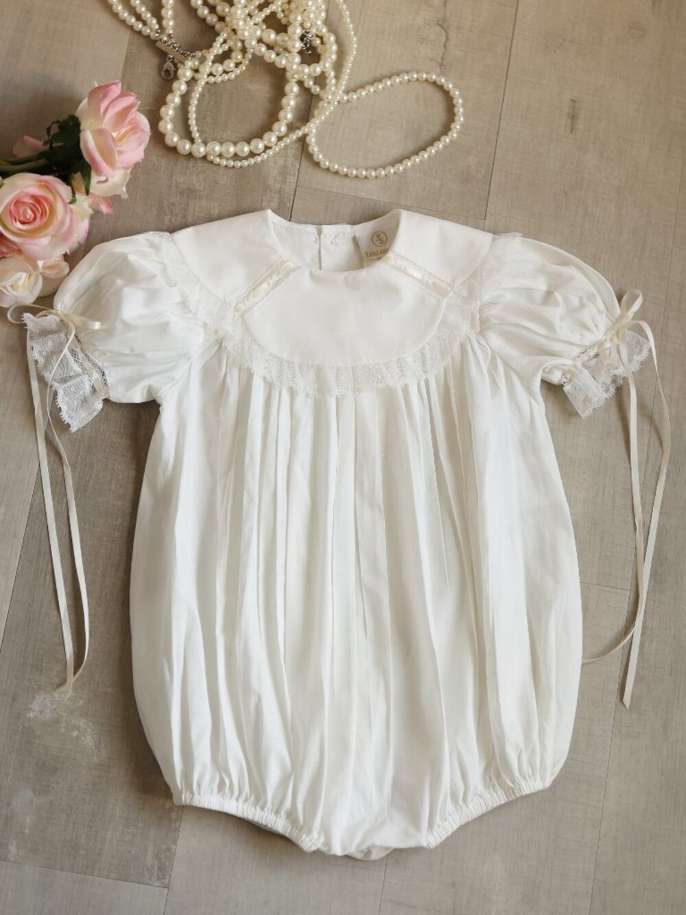 Girl's White Heirloom Bubble Vintage Lace Collar Satin Ribbon Trim 24 Month NWT